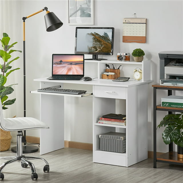 Smile Mart Wooden Home Office Computer Desk with Drawers and Keyboard Tray, White