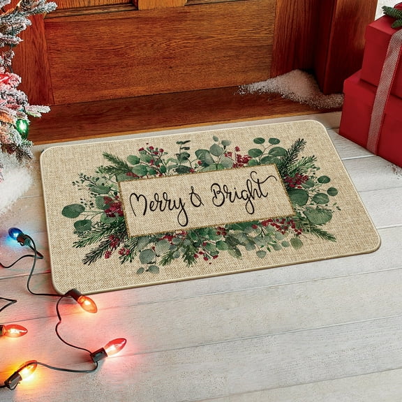 Sm:)e Merry&Bright Eucalyptus Leaves Holly Christmas Doormat, Winter Xmas Home Decor Low-Profile Switch Rug Door Mat Floor Mat for Indoor Outdoor 17x29 Inch