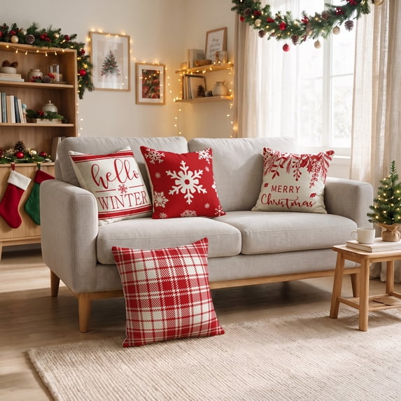 Sm:)e Christmas Throw Pillow Cover Set of 4, 18 x 18 Inch Winter Holiday Cushion Case Decoration for Sofa Couch, Hello Winter Buffalo Plaid Snowflake Red
