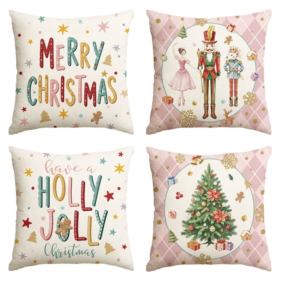 Sm:)e Pink Christmas Throw Pillow Covers, 18 x 18 Inch Winter Holiday Party Cushion Case Decoration for Sofa Couch Set of 4