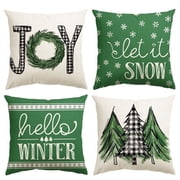 Sm:)e Trees Mottos Green ChristmasThrow Pillow Covers, 18 x 18 Inch Hello Winter Let it Snow Holiday Cushion Case Decoration for Sofa Couch Set of 4