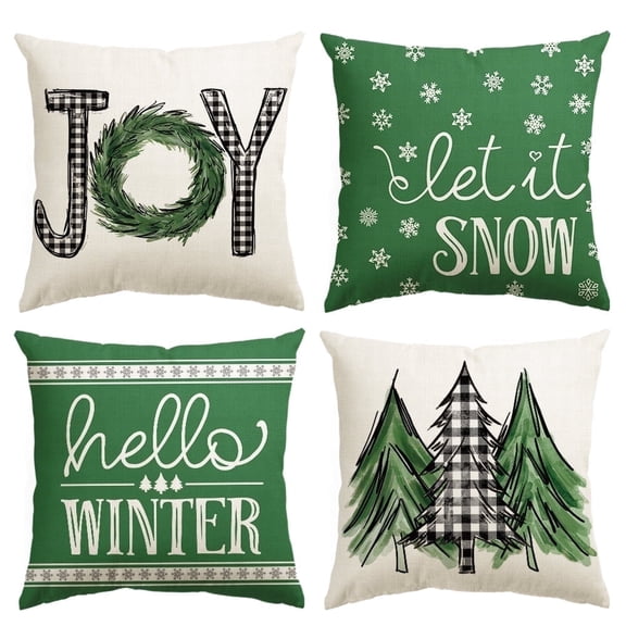 Sm:)e Trees Mottos Green ChristmasThrow Pillow Covers, 18 x 18 Inch Hello Winter Let it Snow Holiday Cushion Case Decoration for Sofa Couch Set of 4
