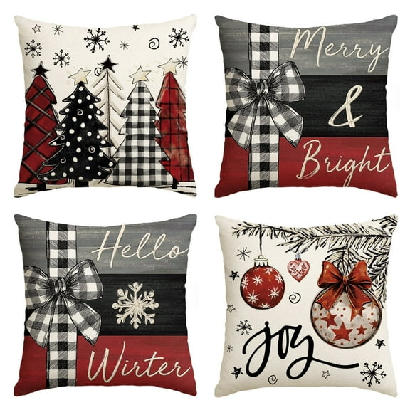 Sm:)e Merry Bright Hello Winter Christmas Trees Pillow Covers 18 x 18 Inch Set of 4, Xmas Holiday Outdoor Cushion Case for Sofa Couch