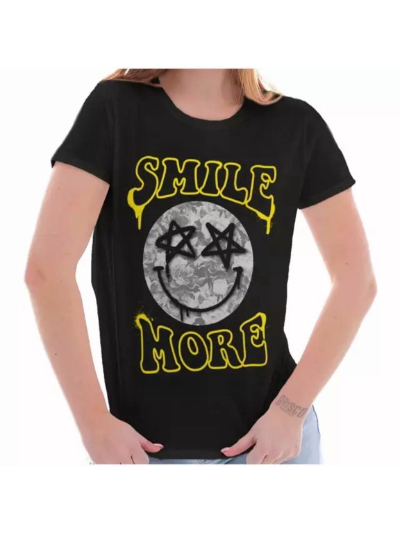 Smile More Happy Face Star Eyes Graffiti Graphic T Shirt