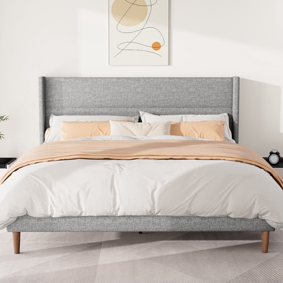 Smile Nest Full Platform Bed Frame with Upholstered Wingback Headboard, Dark Gray Linen