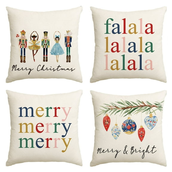 Sm:)e Nutcracker Fa La La Merry Christmas Pillow Covers 18 x 18 Inch, Set of 4 Square Winter Xmas Decorative Farmhouse Outdoor Pillow Case