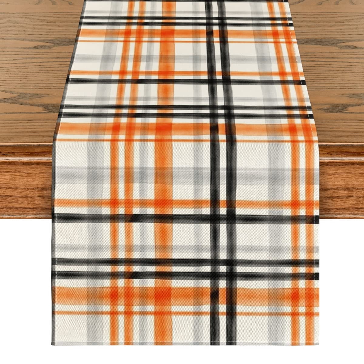 Smile Orange Black Buffalo Plaid Fall Table Runner 13x72 Inch, Halloween Kitchen Dining Table Decoration for Outdoor Home Party