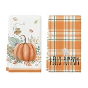 Smile Orange Hello Pumpkin Leaves Fall Thanksgiving Kitchen Dish Towels 18x26 Inch Set of 2