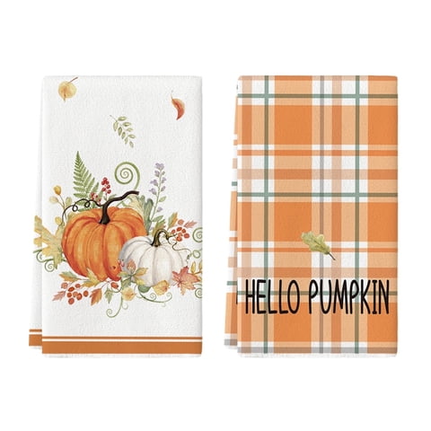 Sm:)e Orange Hello Pumpkin Leaves Fall Thanksgiving Kitchen Dish Towels 18x26 Inch Set of 2