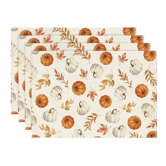 Smile Orange Maple Leaf Pumpkin Fall Placemats Set of 4, 12x18 Inch Seasonal Autumn Table Mats for Party Kitchen Dining Decoration