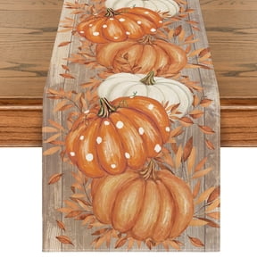 Smile Orange Polka Dot Pumpkin Eucalyptus Wood Fall Table Runner, Seasonal Autumn Kitchen Dining Table Decoration for Home Party Decor 13x72 Inch