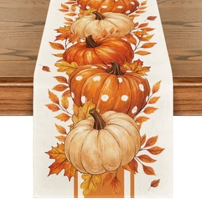 Smile Orange Pumpkin Maple Leaf Stripes Fall Table Runner, Seasonal Autumn Kitchen Dining Table Decoration for Home Party Decor 13x72 Inch