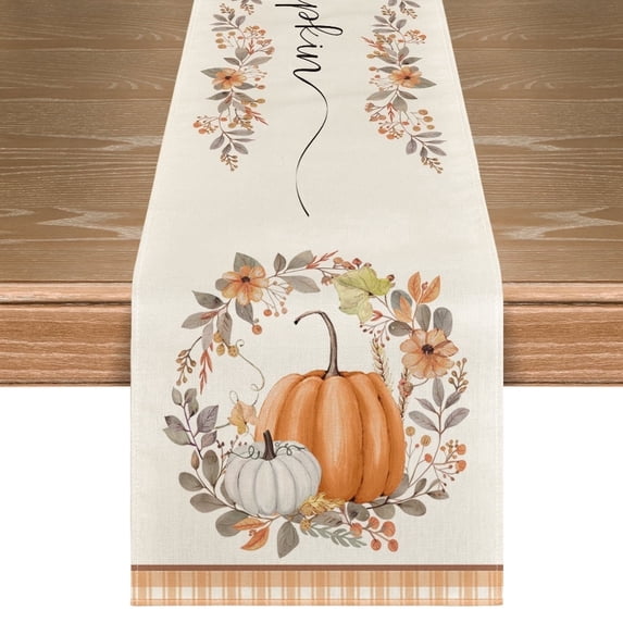 Smile Orange Pumpkin Wreath Floral Buffalo Plaid Fall Table Runner, Seasonal Fall Kitchen Dining Table Decoration for Home Party Decor 13x72 Inch