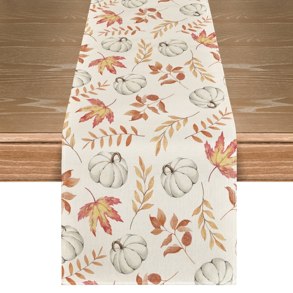 Smile Orange Pumpkins Fall Maple Leaves Fall Table Runner, Seasonal Autumn Kitchen Dining Table Decoration for Home Party Decor 13x72 Inch