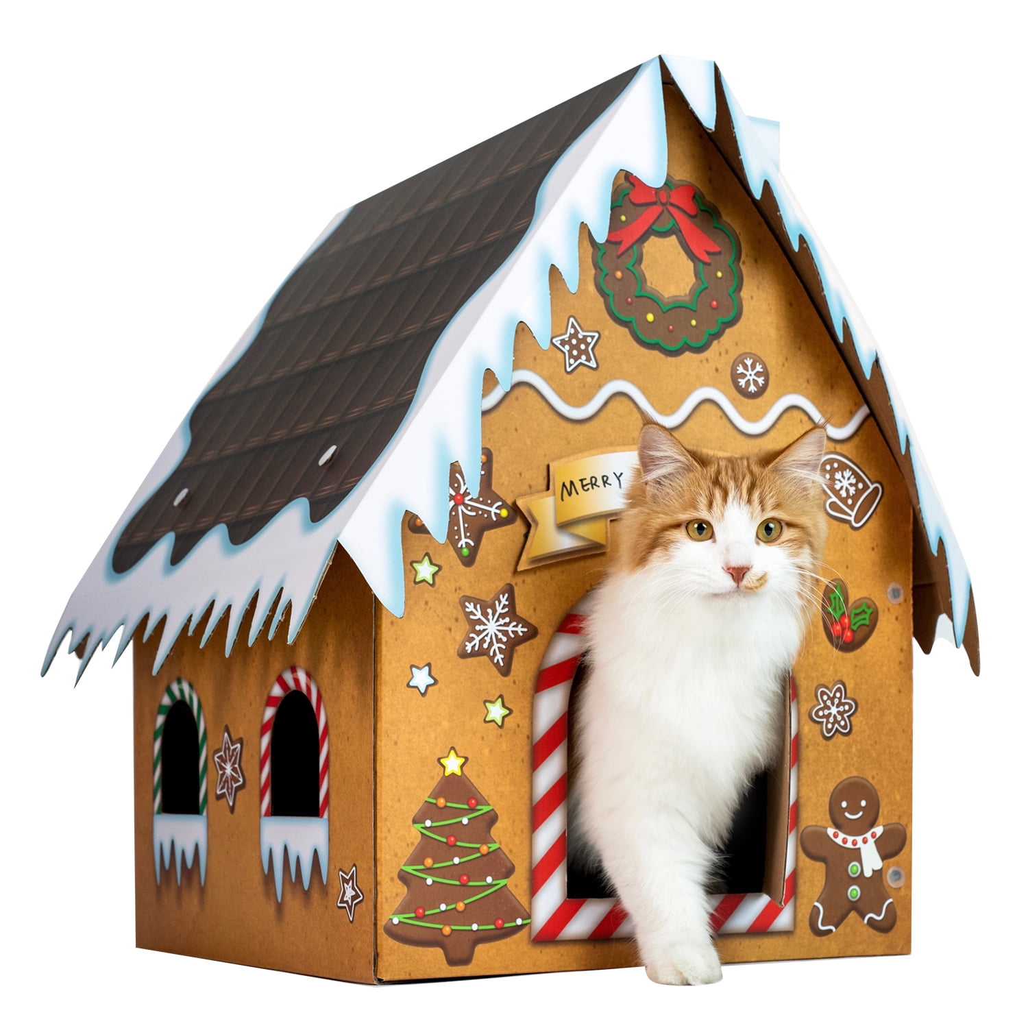SMILE PAWS Large Sturdy Cardboard Cat House with Scratcher Christmas Gingerbread House