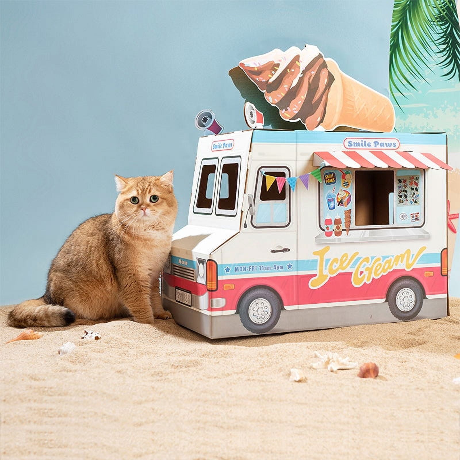 SMILE PAWS Large Sturdy Cardboard Cat House with Scratcher, Ice Cream