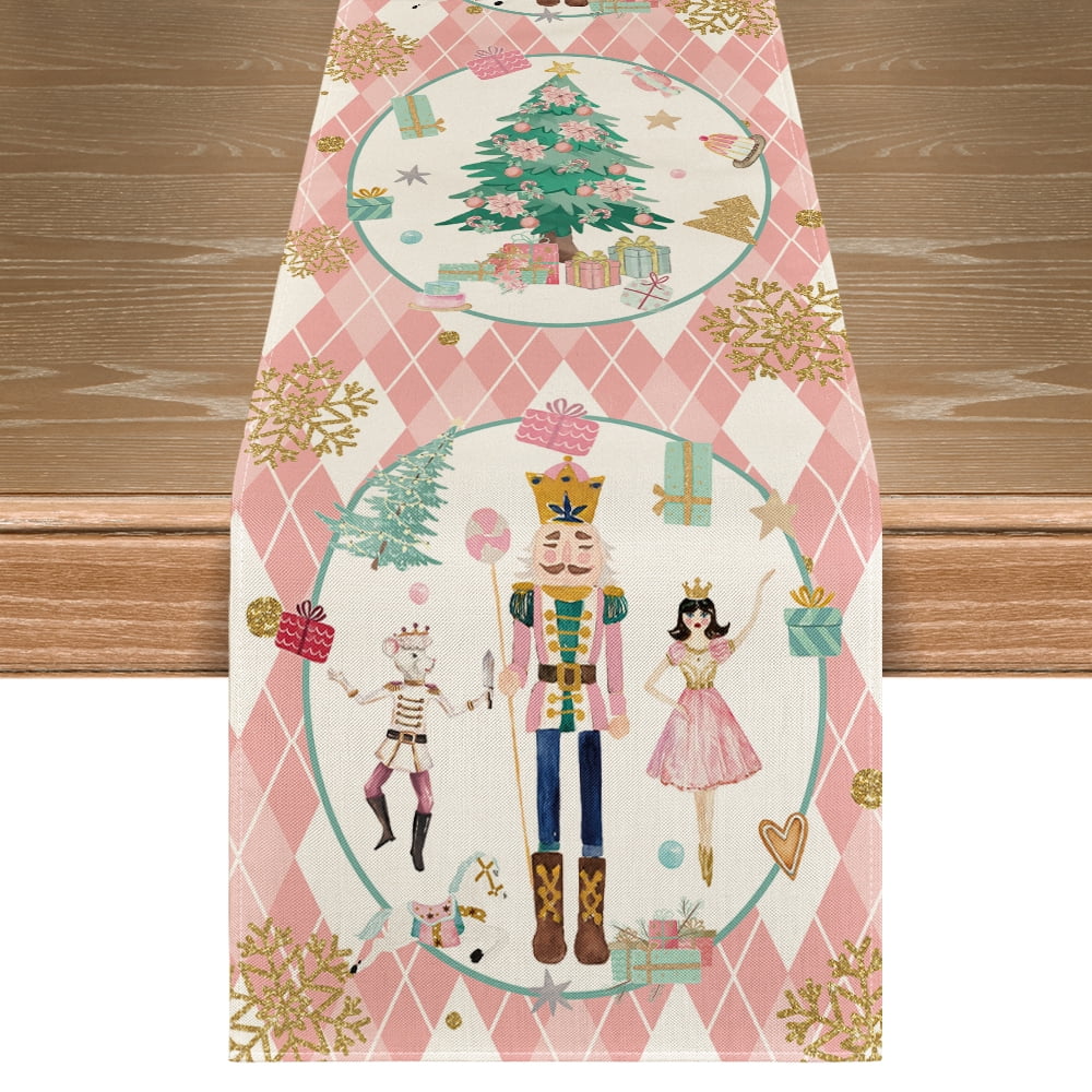 Smile Pink Diamond Plaid Nutcracker Snowflake Christmas Table Runner, Seasonal Winter Kitchen Dining Table Decoration for Home Party Decor 13x72 Inch