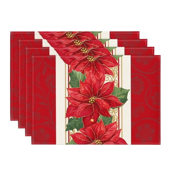 Smile Red Poinsettia Christmas Placemats for Set of 4, 12 x 18 Inch, Seasonal Winter Xmas Holiday Table Mats for Party Kitchen Dining Decoration