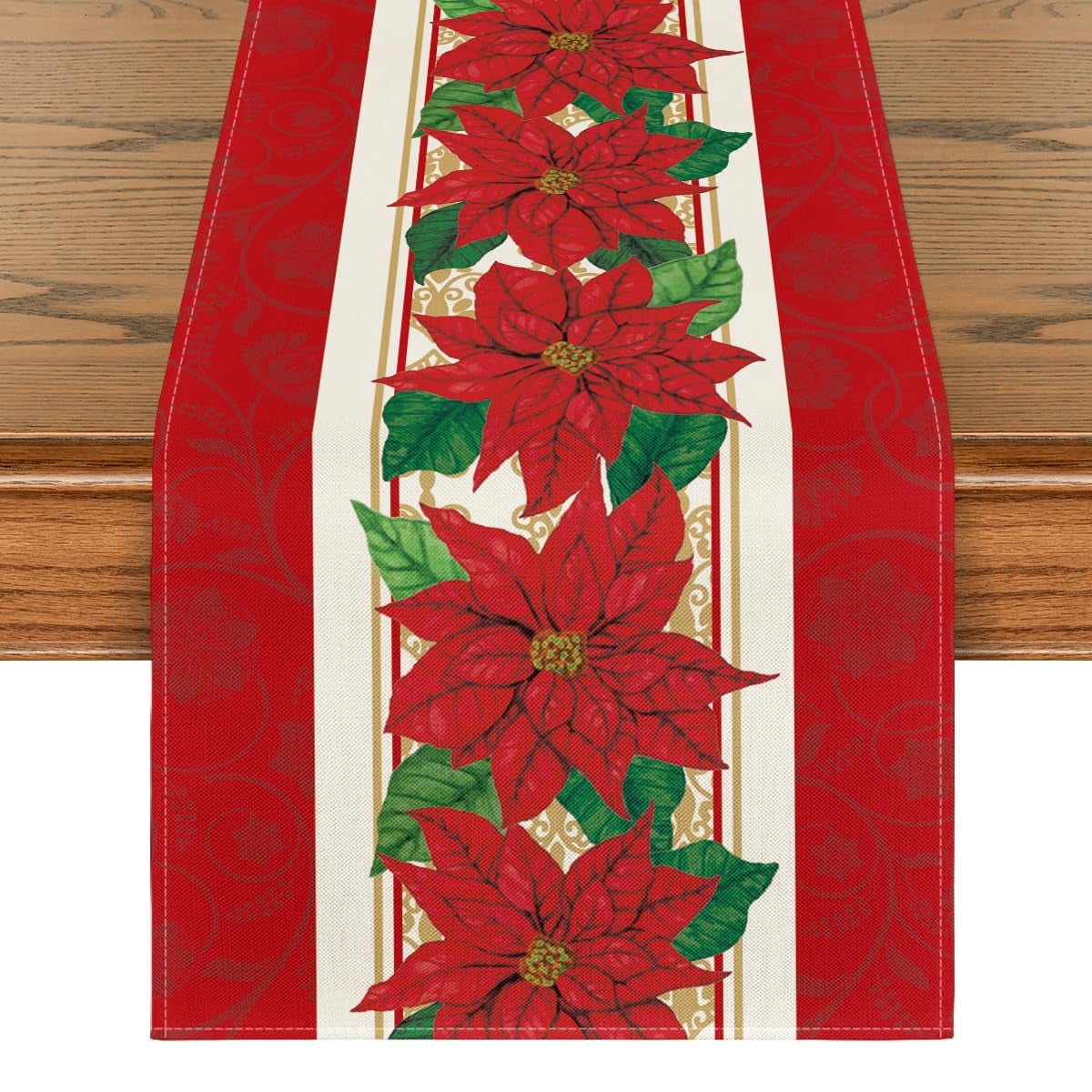 Christmas handmade table runner, red and green flower with outlet parrot beaded table runner, Poinsettia runner, 13x36inch