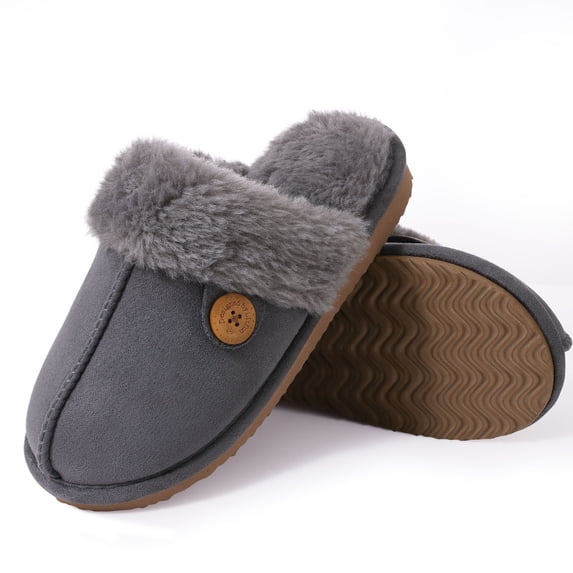 Smile Popcorn Women's Fuzzy Slippers Memory Foam House Slippers for Women Warm Winter House Shoes, Button Grey