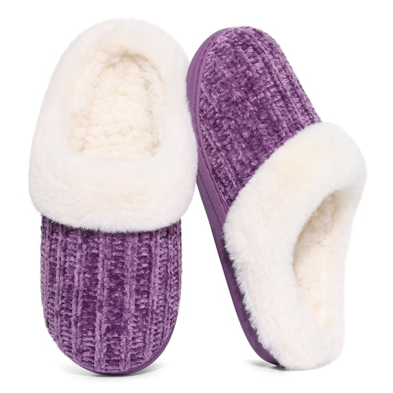 Smile Popcorn Fuzzy Slippers for Women with Memory Foam Cozy Chenille Knit Fleece Lined House Shoes, Purple