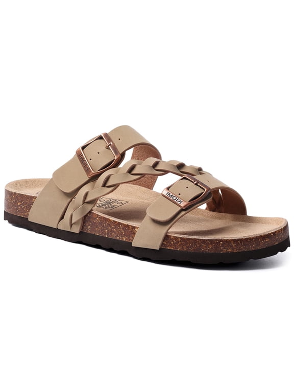 Cork Footbed Slide Sandals for Women with Arch Support, Comfortable Braided Flat Sandals, Apricot