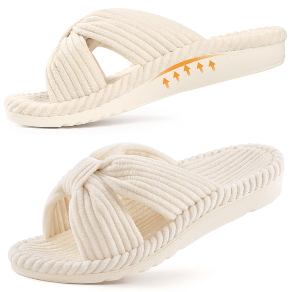 Smile Popcorn Women's Orthotic Arch Support Slippers Soft House Slippers Slides Corduroy Cross Bow House Shoes, Beige