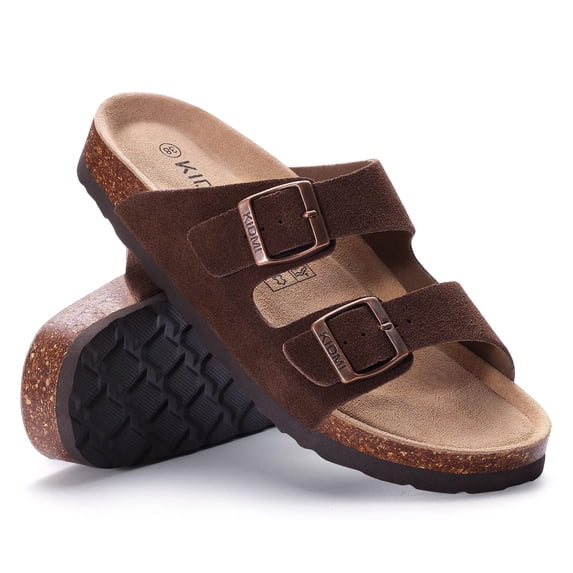 Smile Popcorn Women's Cork Footbed Sandals, Comfortable Arch Support Slip-On Slide Sandals for Summer with Adjustable Buckle, Brown