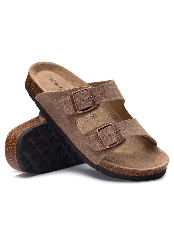 Smile Popcorn Women's Cork Footbed Sandals, Comfortable Arch Support Slip-On Slide Sandals for Summer with Adjustable Buckle, Mocha
