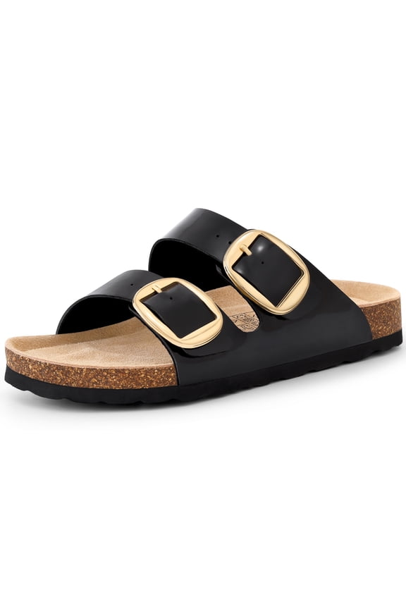 Womens Sandals Cork Footbed Slide, Comfortable Arch Support Sandal Slippers with Double Big Buckle for Summer, Black Patent