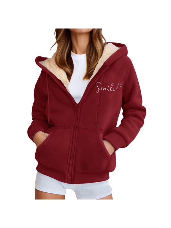 Smile Print Hoodies For Man Women Winter Full-Zip Fleece Jacket Long Sleeve Warm Coat With Pockets