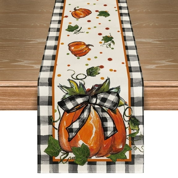 Smile Pumpkin Bow Buffalo Plaid Fall Table Runner,Seasonal Autumn Kitchen Dining Table Decoration for Home Party Decor 13x72 Inch