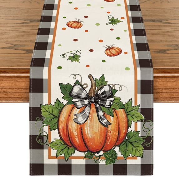 Smile Pumpkin Bow Buffalo Plaid Fall Table Runner,Seasonal Autumn Kitchen Dining Table Decoration for Home Party Decor 13x72 Inch