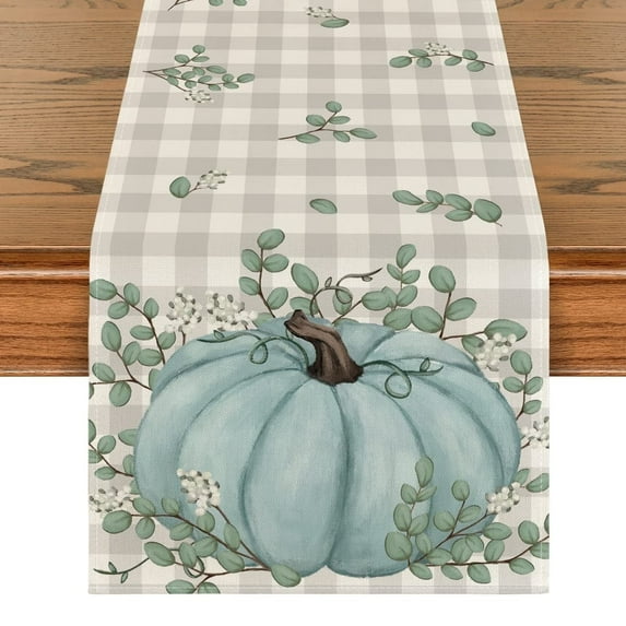 Smile Pumpkin Eucalyptus Leaves Thanksgiving Buffalo Plaid Fall Table Runner 13 x 36