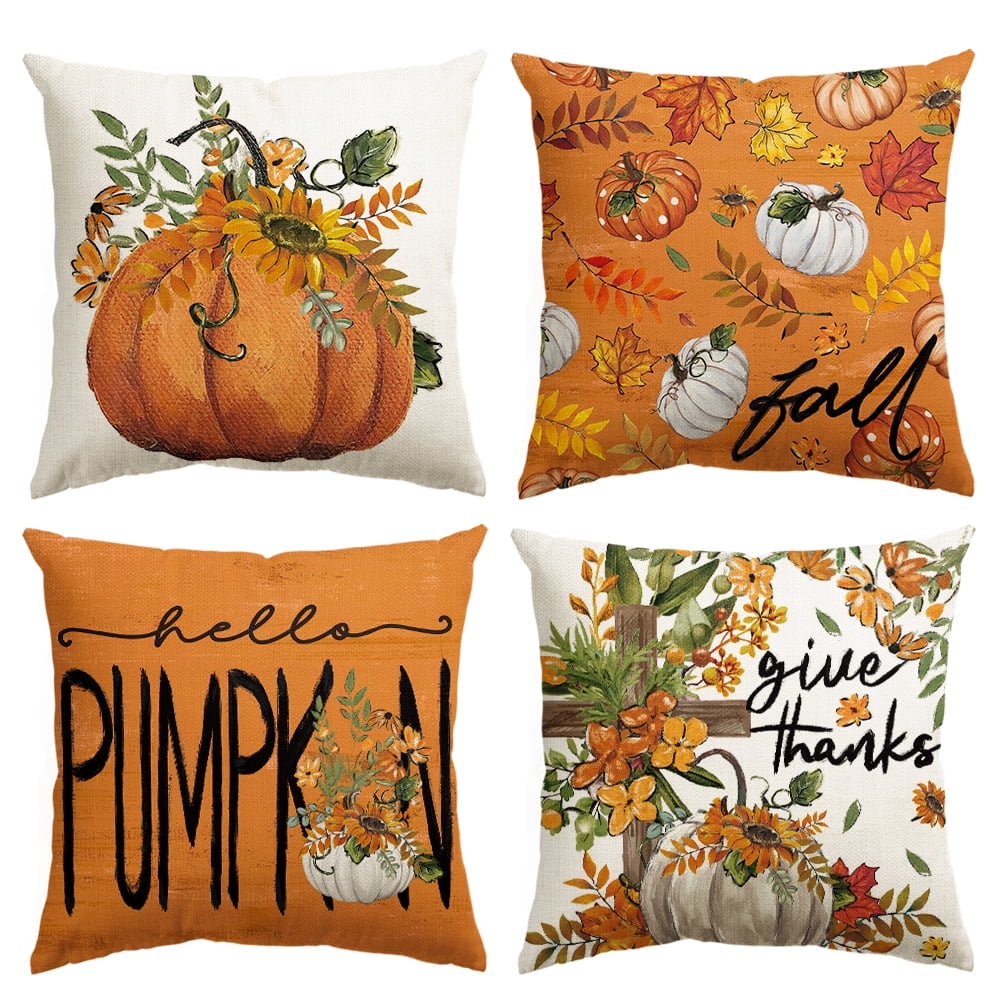 Smile Watercolor Hello Pumpkin Sunflower Cross Give Thanks Fall Pillow Covers Thanksgiving 18 x 18 Inch Set of 4 Orange