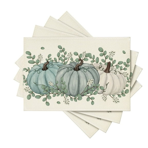 Smile Pumpkins Eucalyptus Leaves Fall Placemats Set of 4, 12x18 Inch Autumn Thanksgiving Holiday Table Mats for Party Kitchen Dining Decoration