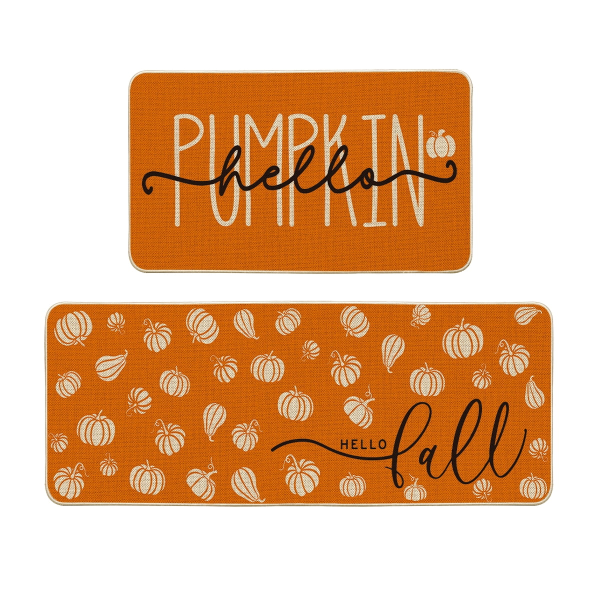 Smile Orange Pumpkin Eucalyptus Fall Kitchen Mats Set of 2, Autumn Home