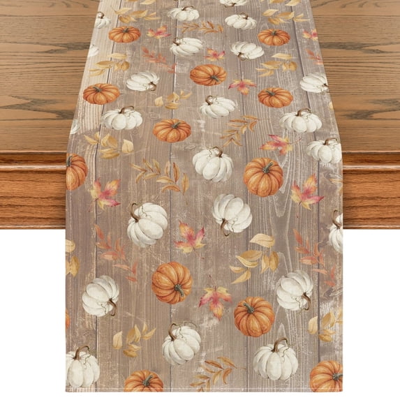 Smile Pumpkins Maple Leaves Brown Wood Fall Table Runner, Seasonal Autumn Kitchen Dining Table Decoration for Home Party Decor 13x72 Inch