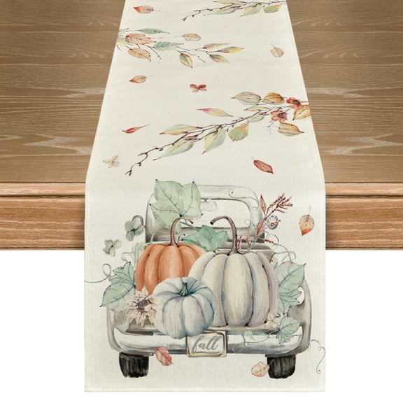 Smile Pumpkins Truck Leaves Fall Table Runner, Seasonal Autumn Kitchen Dining Table Decoration for Home Party Decor 13x72 Inch