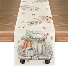 Smile Pumpkins Truck Leaves Fall Table Runner, Seasonal Autumn Kitchen Dining Table Decoration for Home Party Decor 13x72 Inch
