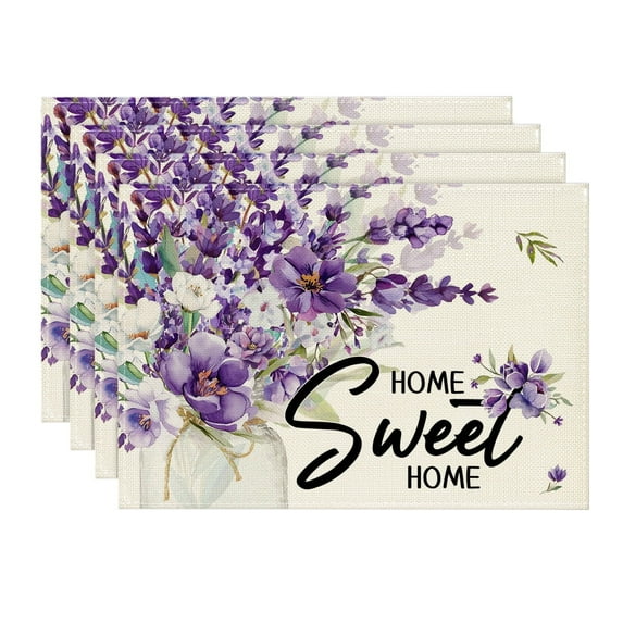 Smile Purple Lavender Leaves Home Sweet Home Spring Placemats for Summer 12x18 Inch Set of 4