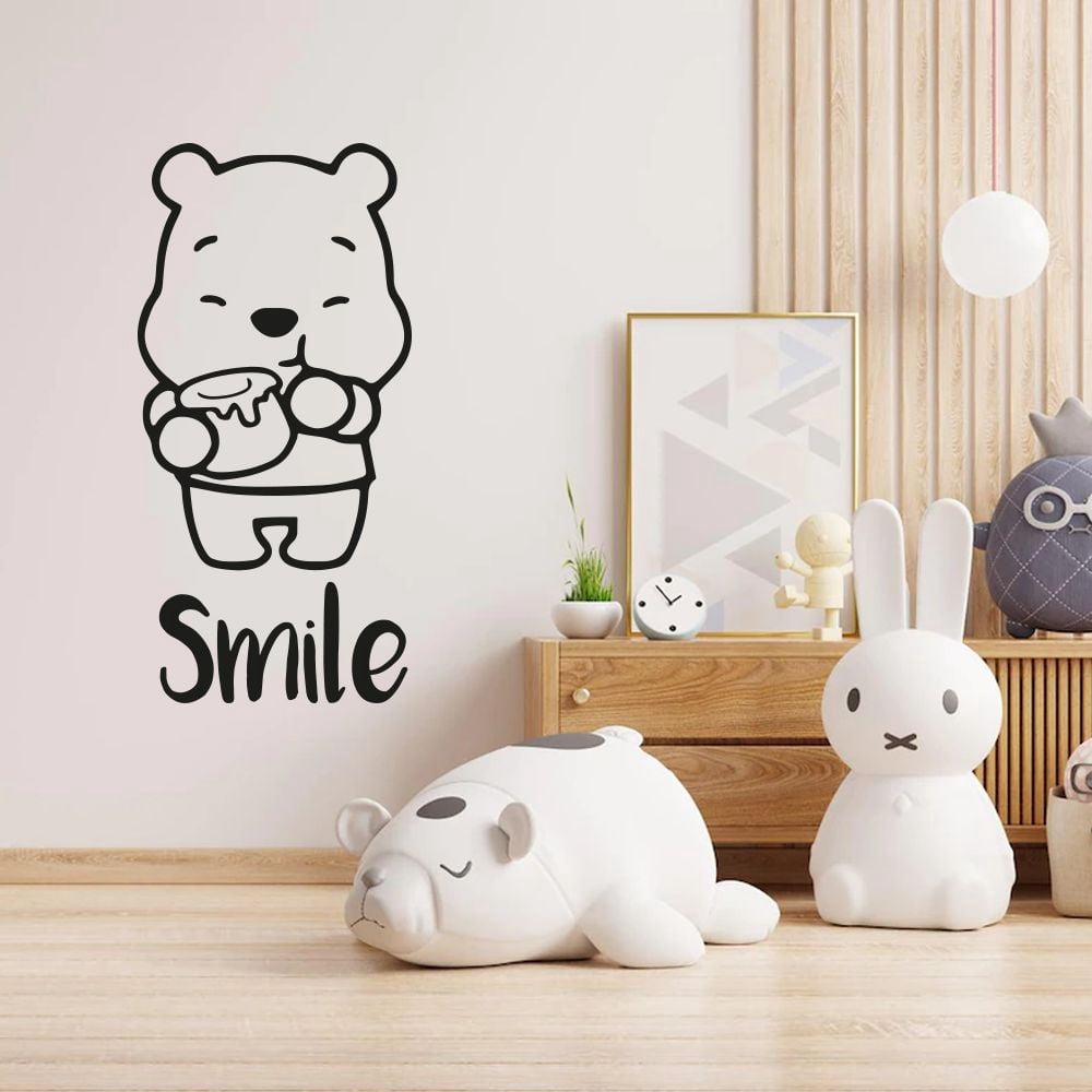 Smile Quote Cute Baby Winnie The Pooh Happy Wating Hunney Drawing Silhouette Vinyl Wall Sticker Decal Art Décor Home Room Kids Room Boys Girls Room Pooh Lover Living Room Decoration Size (40x16 inch)