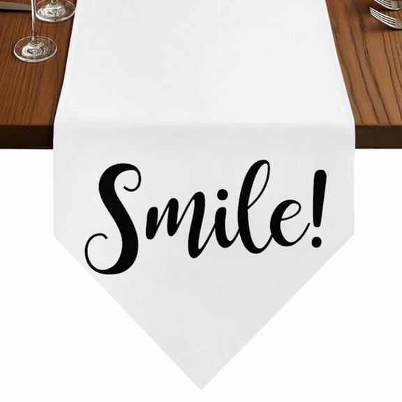 Smile Quote Table Runner for Dining Room, Black White Simple Cotton Linen Dining Table Runner Tablecloth Dresser Scarves for Kitchen Cafe 13x48 Inches Long