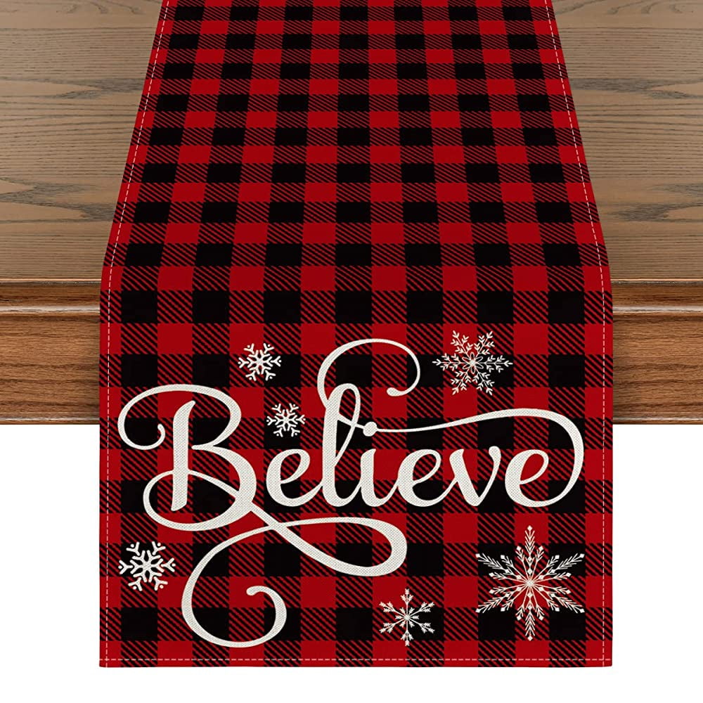 Smile Red and Black Buffalo Plaid Believe Table Runner, Seasonal Winter Christmas Holiday Kitchen Dining Table Decoration for Indoor Outdoor Home Party Decor 13 x 36 Inch