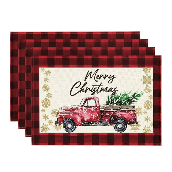 Smile Red and Black Buffalo Plaid Truck Merry Christmas Placemats Set of 4, 12x18 Inch Seasonal Winter Xmas Holiday Table Mats for Party Kitchen Dining Decoration