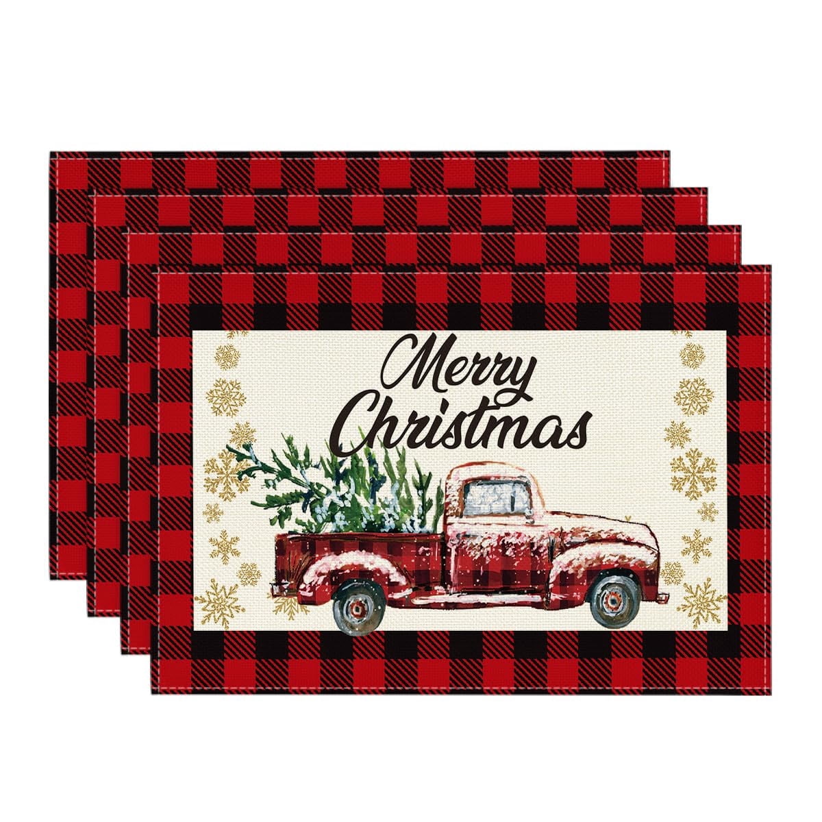Smile Red and Black Buffalo Plaid Truck Merry Christmas Placemats Set of 4, 12x18 Inch Seasonal Winter Xmas Holiday Table Mats for Party Kitchen Dining Decoration