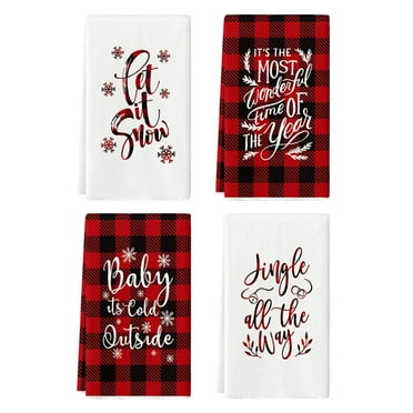 Sm:)e Red Buffalo Check Plaid Jingle All the Way Let It Snow Winter Christmas Kitchen Dish Towels 18 x 26 Inch Set of 4