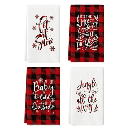 Sm:)e Red Buffalo Check Plaid Jingle All the Way Let It Snow Winter Christmas Kitchen Dish Towels 18 x 26 Inch Set of 4