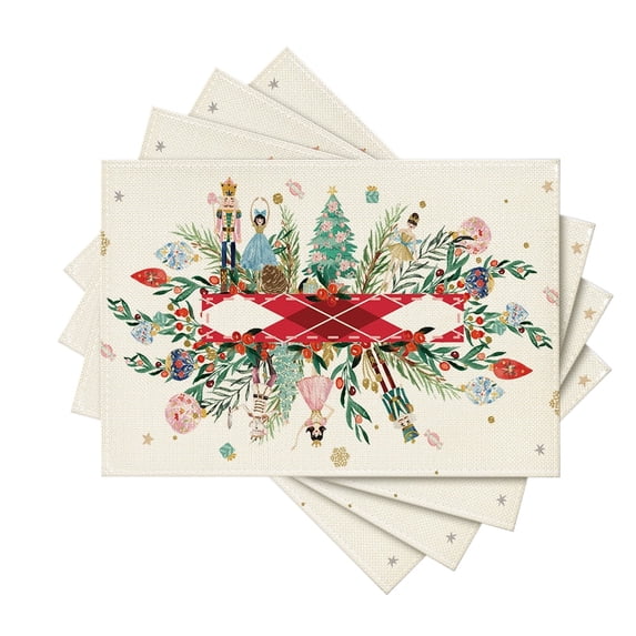 Smile Red Nutcracker Floral Holly Christmas Placemats Set of 4, 12x18 Inch Seasonal Winter Table Mats