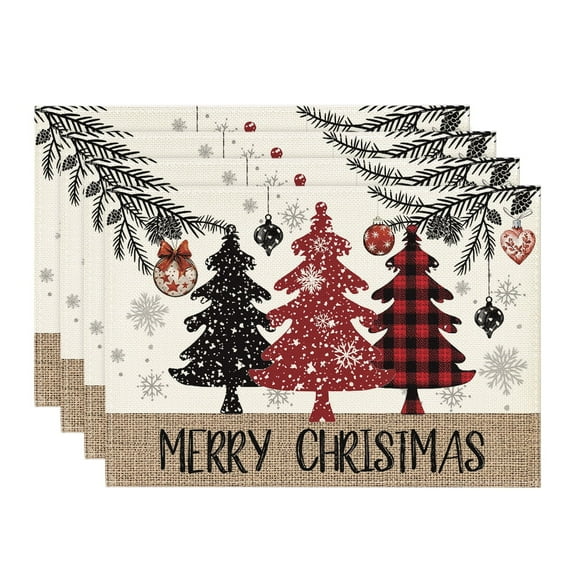 Smile Red Pine Trees Balls Merry Christmas Placemats Set of 4, 12x18 Inch Winter Xmas Table Mats